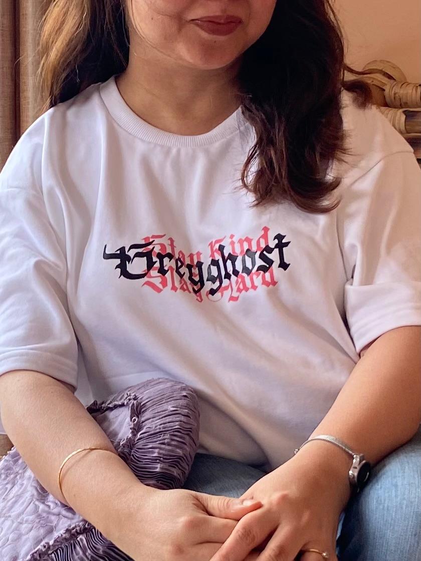 STAY KIND. SLAY HARD GOTHIC EDITION | White Luxe Oversized Tee