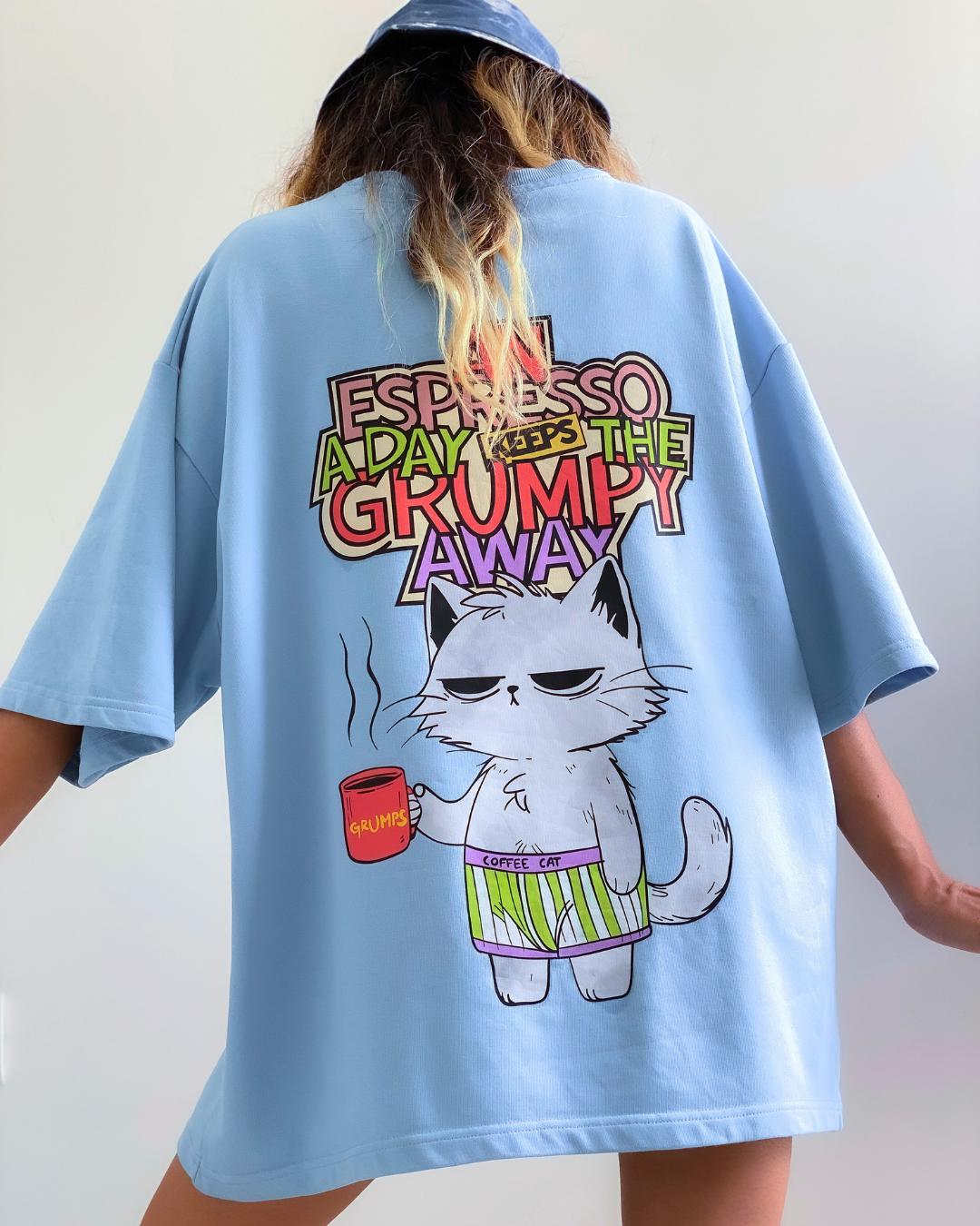AN ESPRESSO A DAY KEEPS THE GRUMPY CAT AWAY | Unisex Luxe Oversized Blue Tee