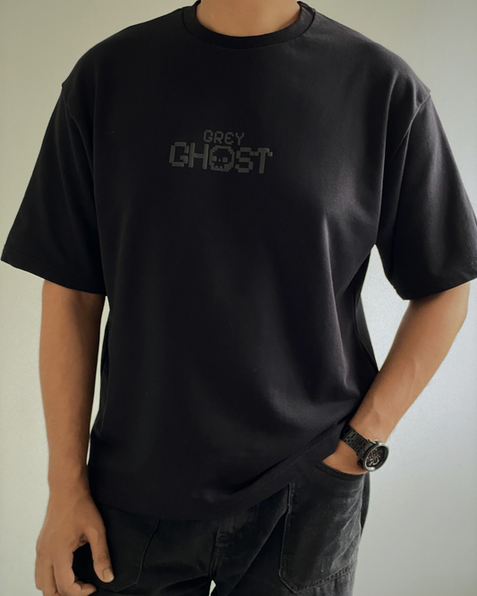 GREY GHOST | Luxe Puff Print Oversized Black Tee