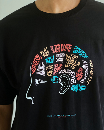 BRAIN ANATOMY OF A COFFEE ADDICT | Unisex Comfort Oversized Black Tee
