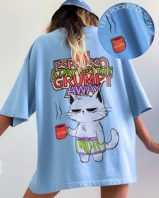 AN ESPRESSO A DAY KEEPS THE GRUMPY CAT AWAY | Unisex Luxe Oversized Blue Tee